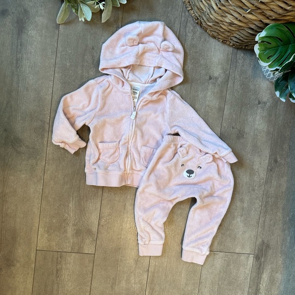 Carter’s Baby Girl Terry Cloth Zip Hoodie & Joggers Set Size 12 Months Pink Bear - Picture 5 of 10
